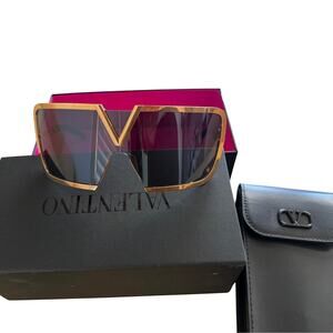 Valentino 146mm Shield Sunglasses Gold Grey Titanium Oversized NIB Case Papers